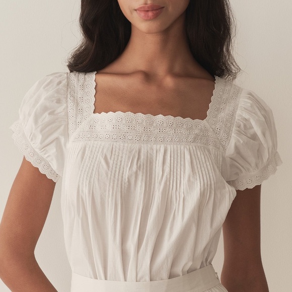 Doen Tops - NWT Doen Francia Cotton Poplin Eyelet Pintuck Puff Sleeve Blouse Top Salt White